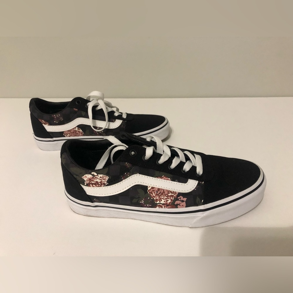 Black Vans with checkered background and roses. SIZE 8 women’s. Worn once